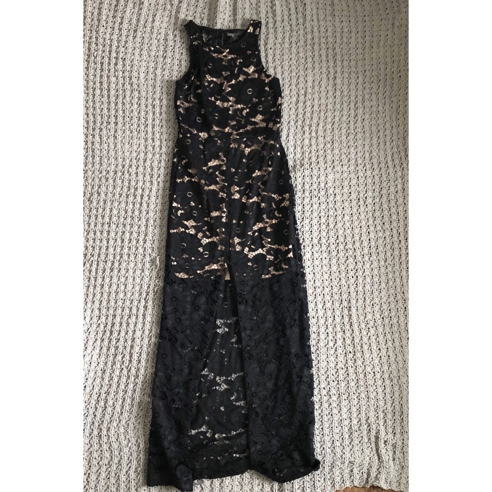 High Neck Black Lace Dress with Slit up Leg